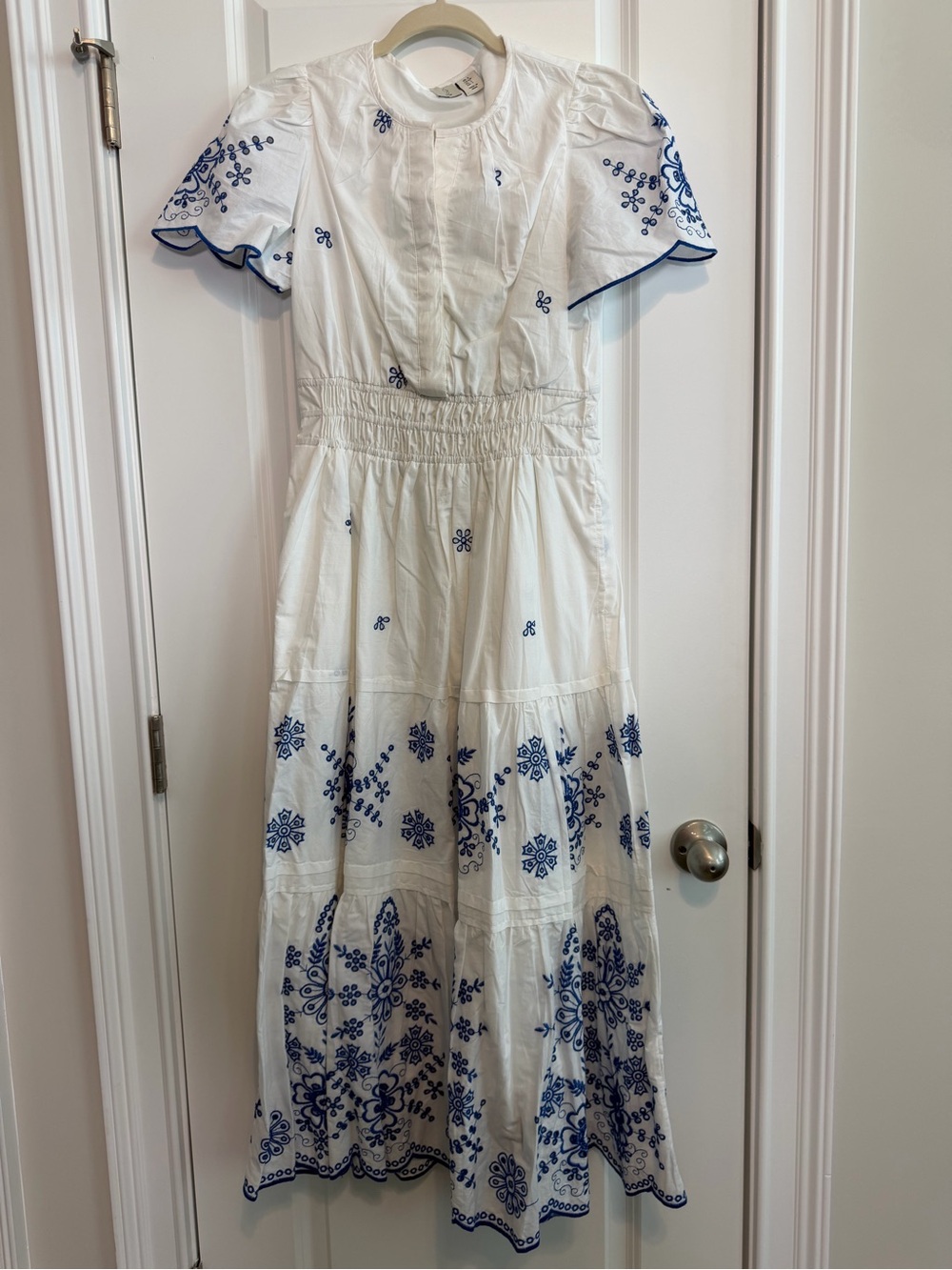 Joie (Anthropologie Style) White Maxi Dress with Blue Embroidery